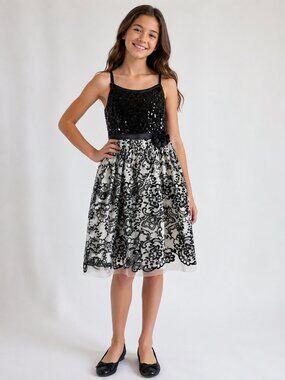 Justice Black White Sequin Tulle Party Dress Tie Sash Girls Size 14
